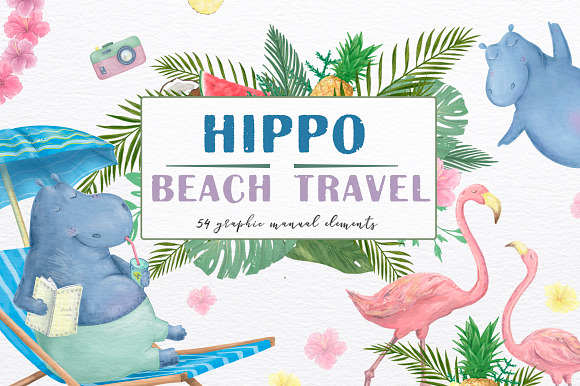 Hippo Beach Travel. Summer Set in Illustrations - product preview 5
