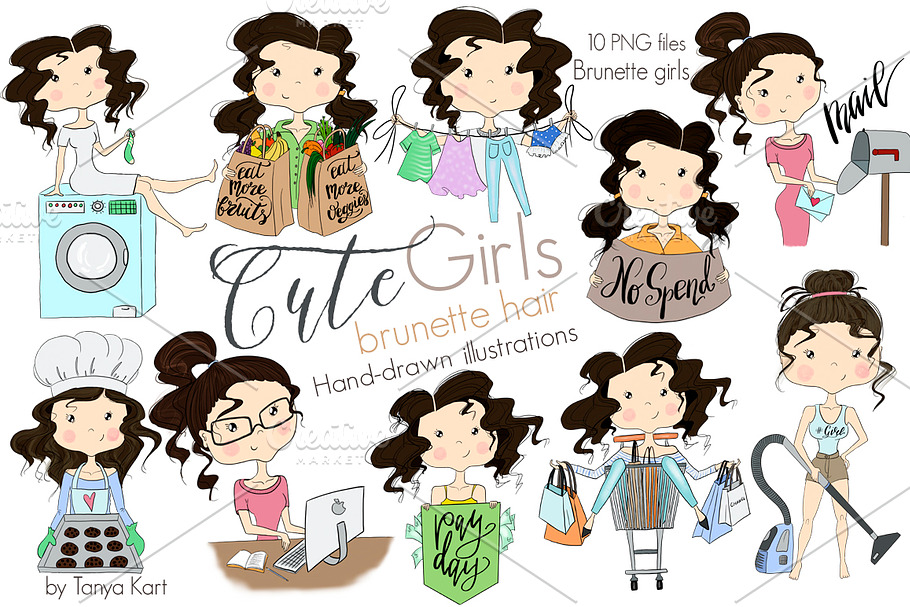 Brunette hair Girls Clipart in Illustrations - product preview 8