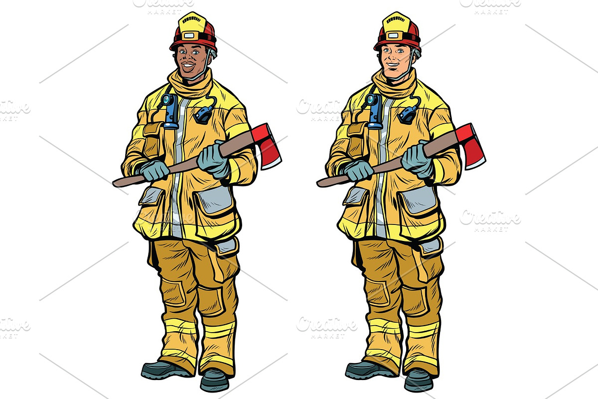 African American and Caucasian firemen in uniform with axes in Illustrations - product preview 8