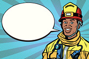 African American firefighter portrait, comic bubble