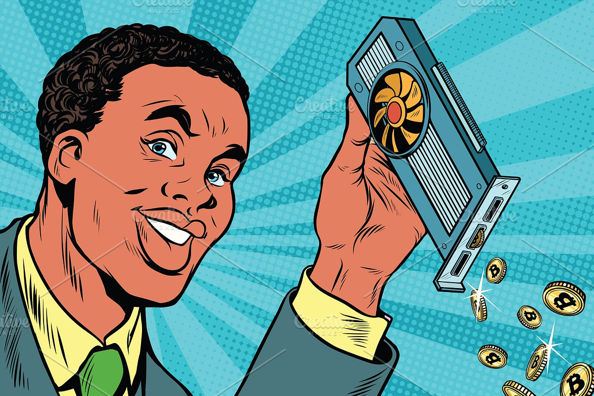 African American businessman is mining bitcoins with a video car in Illustrations - product preview 8