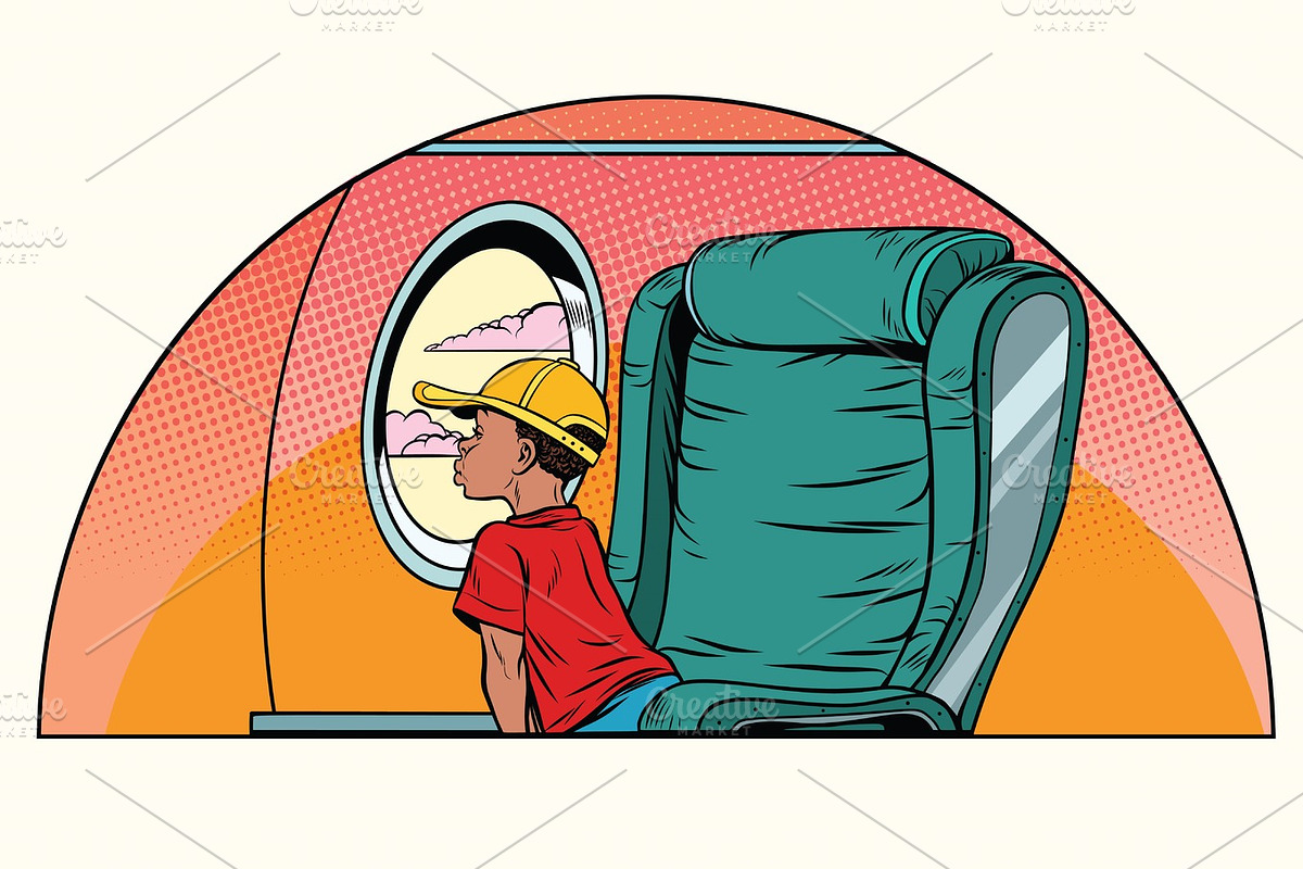 African boy passenger looks out the window on an airliner in Illustrations - product preview 8