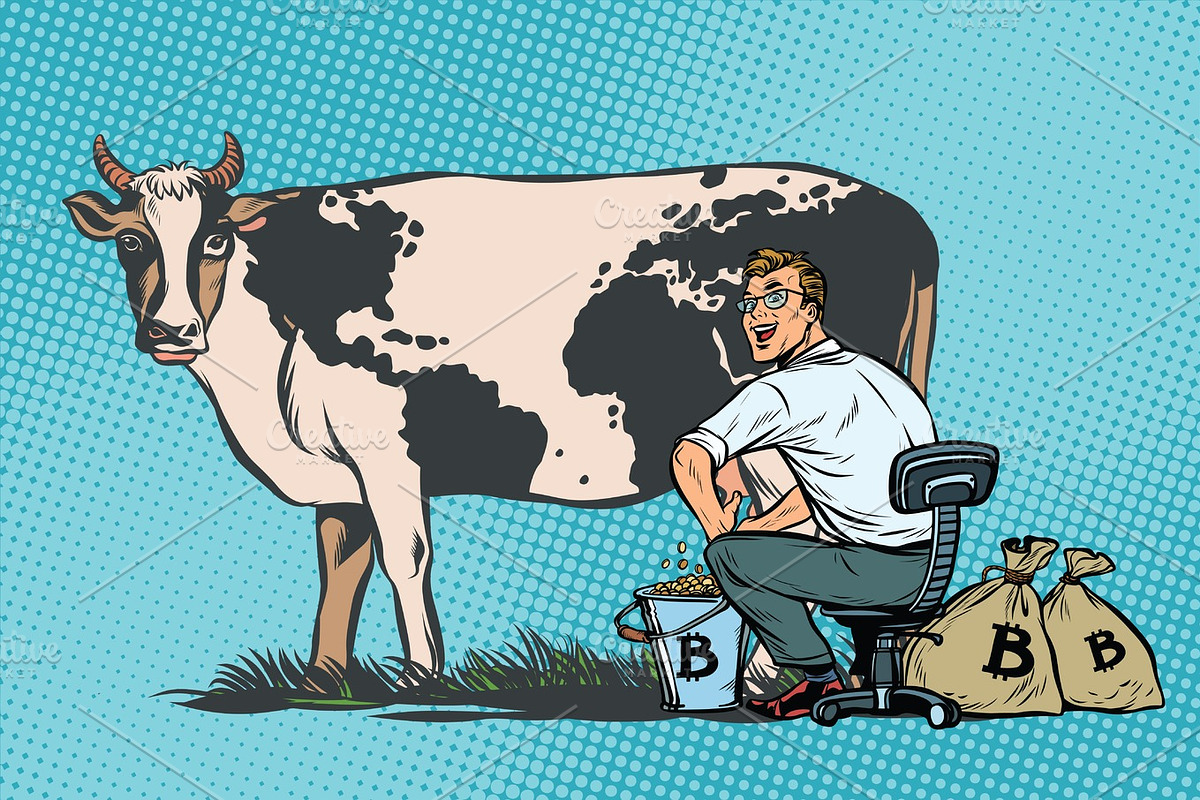 Businessman mines bitcoins milking a cow, world business in Illustrations - product preview 8