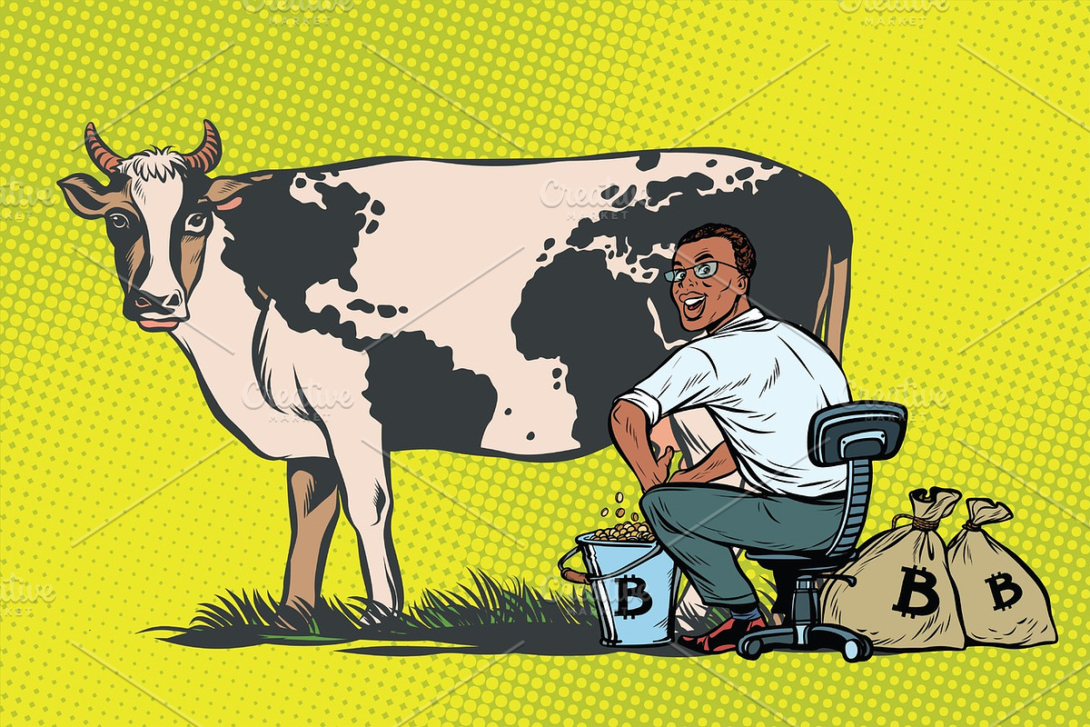 African businessman mines bitcoins milking a cow, world business in Illustrations - product preview 8