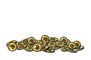 Mountain of gold coins with bitcoin cryptocurrency