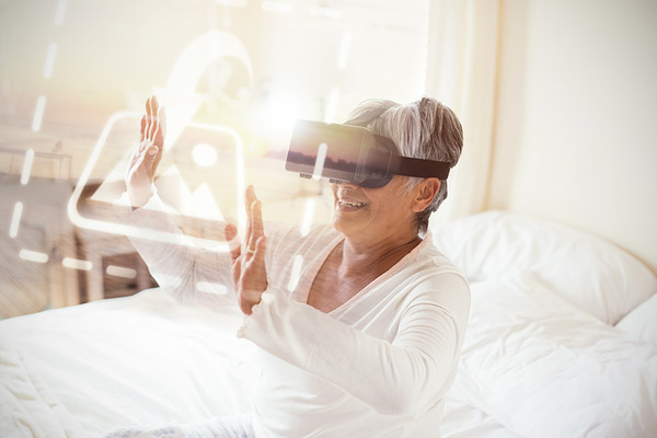 Woman In Bed Using VR Headset Mockup