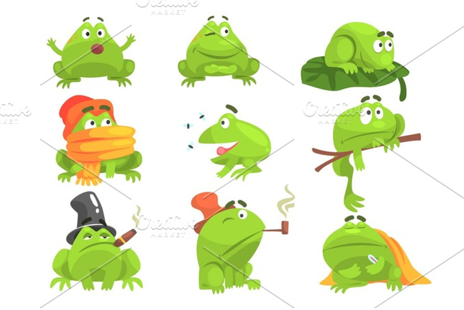 Green Frog Funny Character Set Of Different Activities in Textures - product preview 8