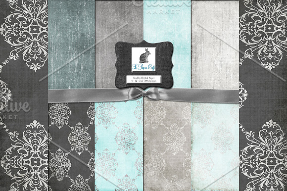 Teal & Gray Damask Backgrounds in Textures - product preview 3
