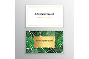 Business cards gold design, tropical leaf. Vector illustration. Corporate identity templates in tropical style