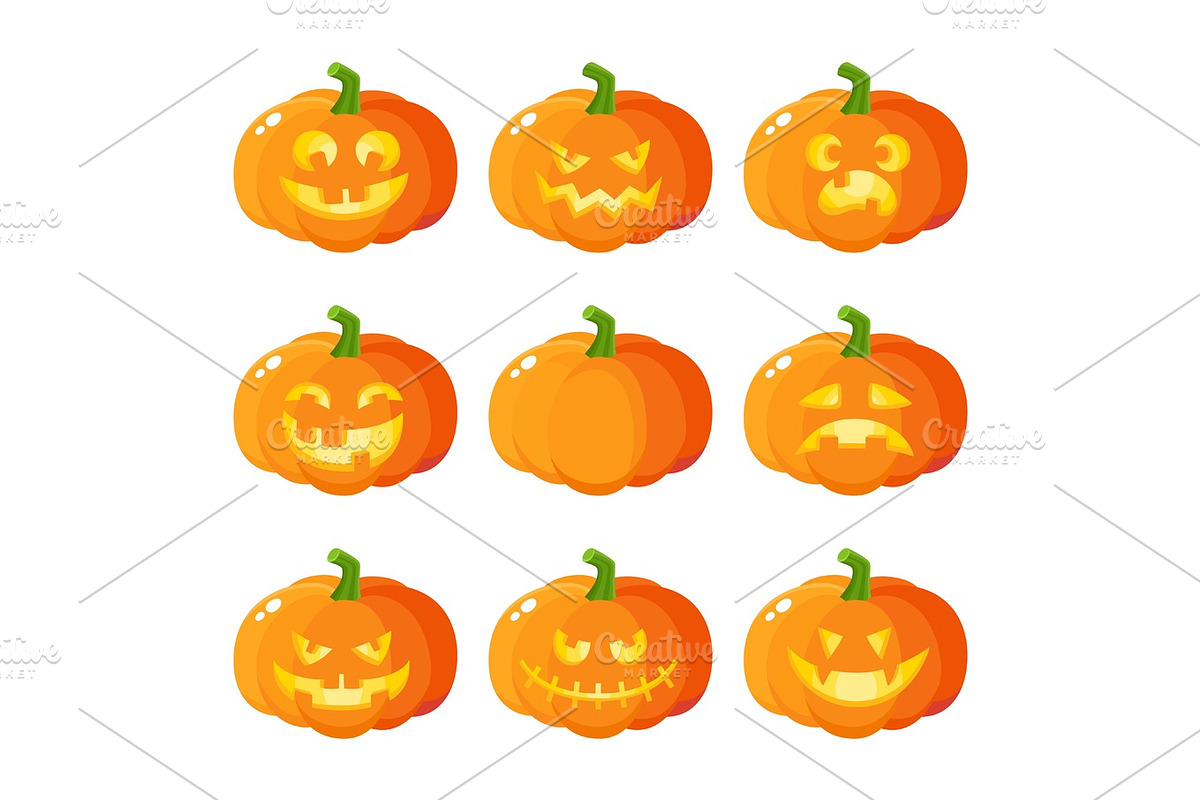 Set of cartoon Halloween pumpkin jack-o-lanterns showing various emotions in Objects - product preview 8