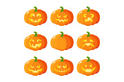 Set of cartoon Halloween pumpkin jack-o-lanterns showing various emotions