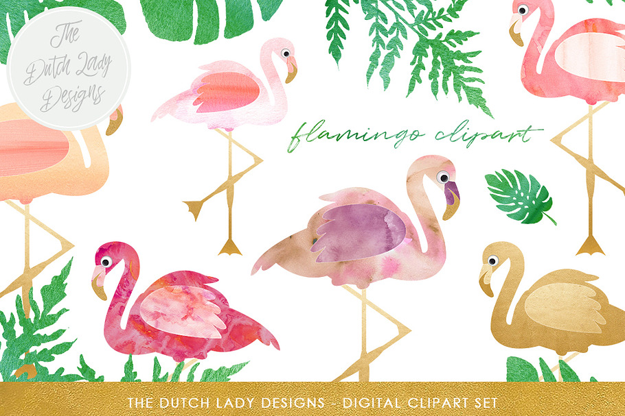 Flamingo & Tropical Leaf Clipart
