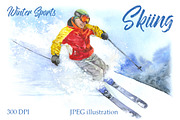 SALE! Watercolor skiing sport