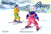 SALE! Watercolor skiing sport kids