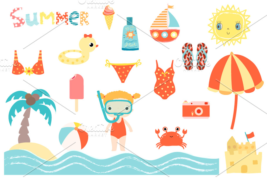 Cute summer beach clipart set in Illustrations - product preview 8