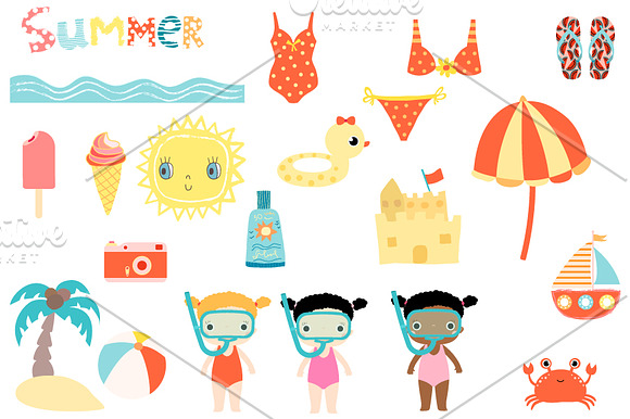 Cute summer beach clipart set in Illustrations - product preview 1