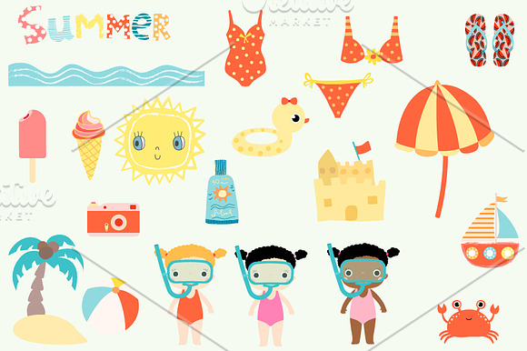 Cute summer beach clipart set in Illustrations - product preview 2