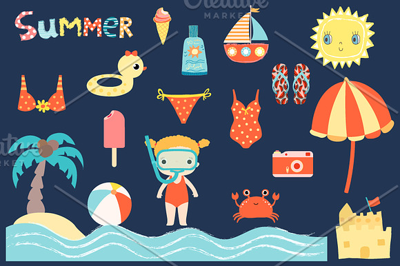 Cute summer beach clipart set in Illustrations - product preview 3