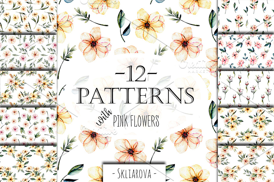 Pink watercolor flowers 12 Patterns 