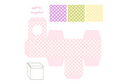 Cute retro square gift box template with gingham ornament to print, cut and fold