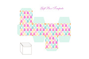 Cute retro square gift box template with drops ornament to print, cut and fold