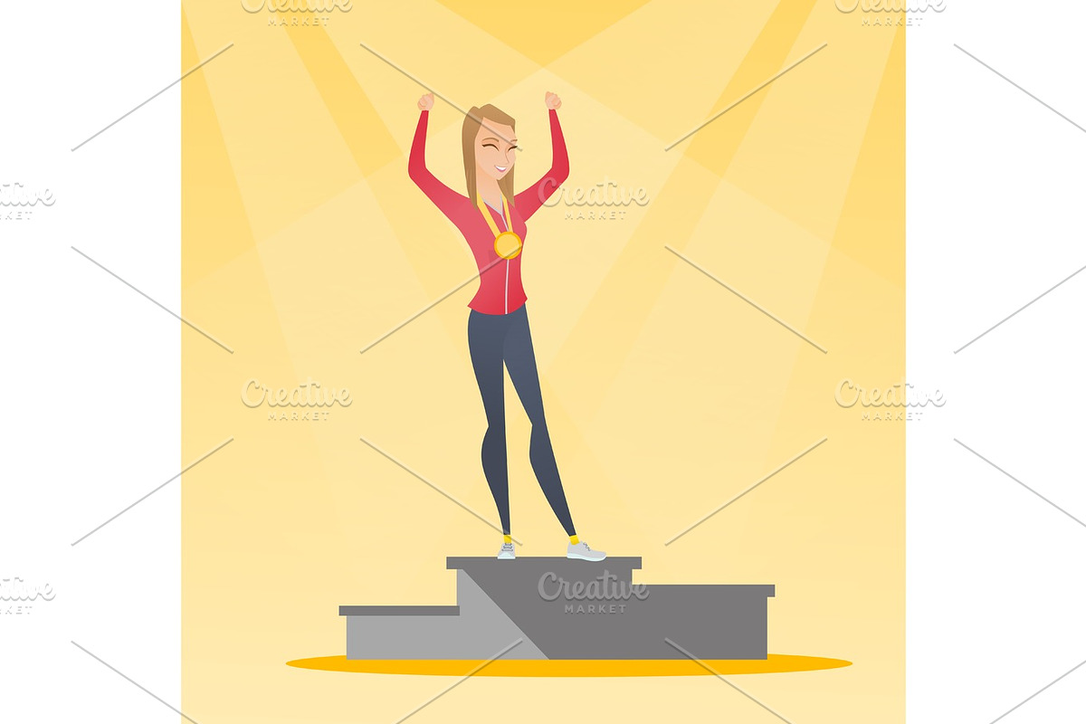 Caucasian sportswoman celebrating on winner podium in Illustrations - product preview 8