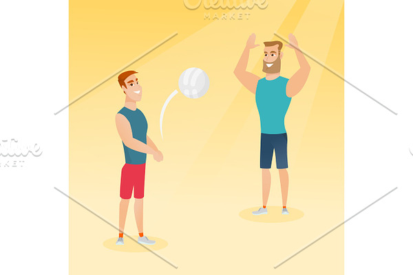 Two caucasian men playing beach volleyball.