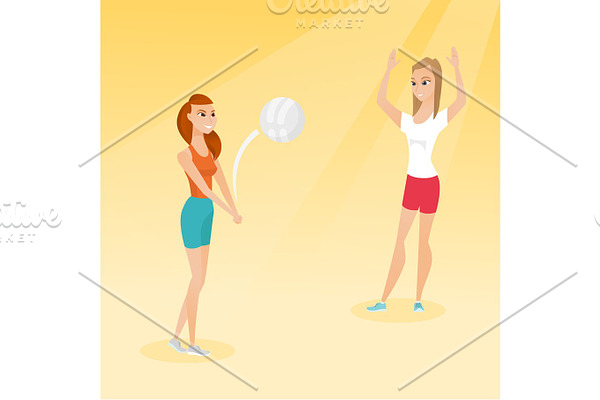 Two caucasian women playing beach volleyball.