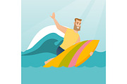 Young caucasian surfer in action on a surfboard.