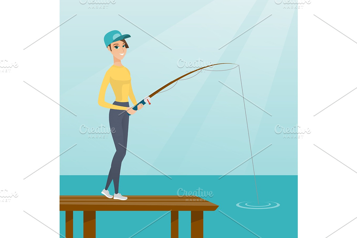 Young caucasian woman fishing on jetty. in Illustrations - product preview 8
