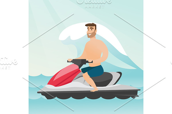 Caucasian man riding on a water scooter in the sea