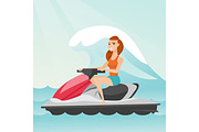 Caucasian woman riding on water scooter in the sea