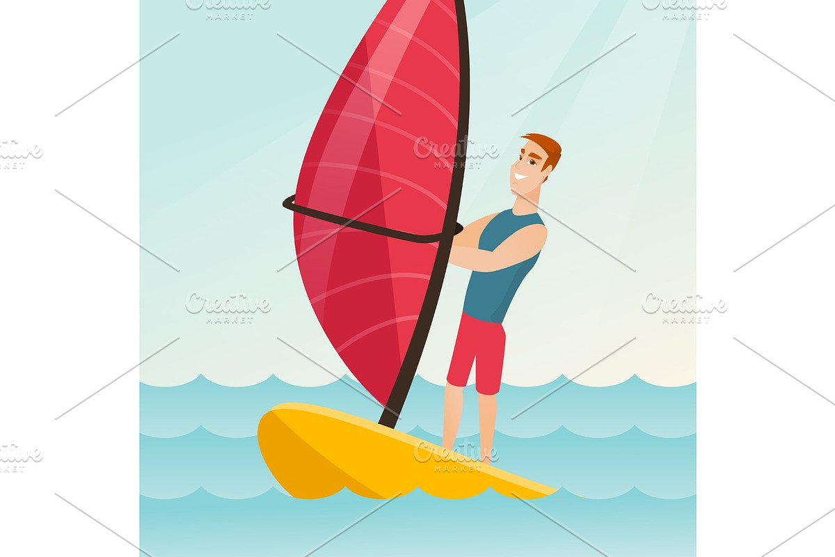Young caucasian man windsurfing in the sea. in Illustrations - product preview 8