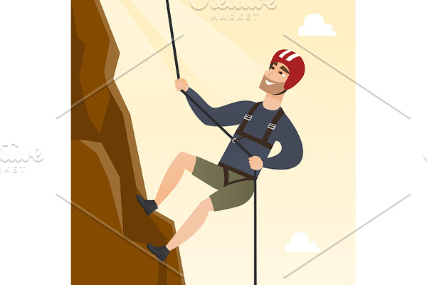 Young caucasian man climbing a mountain with rope.