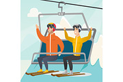 Two caucasian skiers using cableway at ski resort.