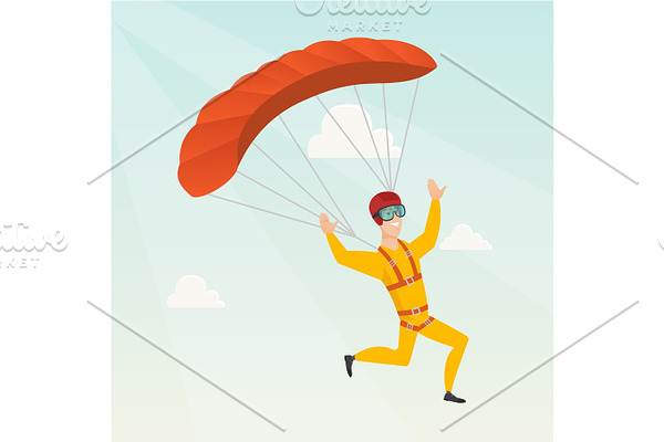 Young caucasian skydiver flying with a parachute.