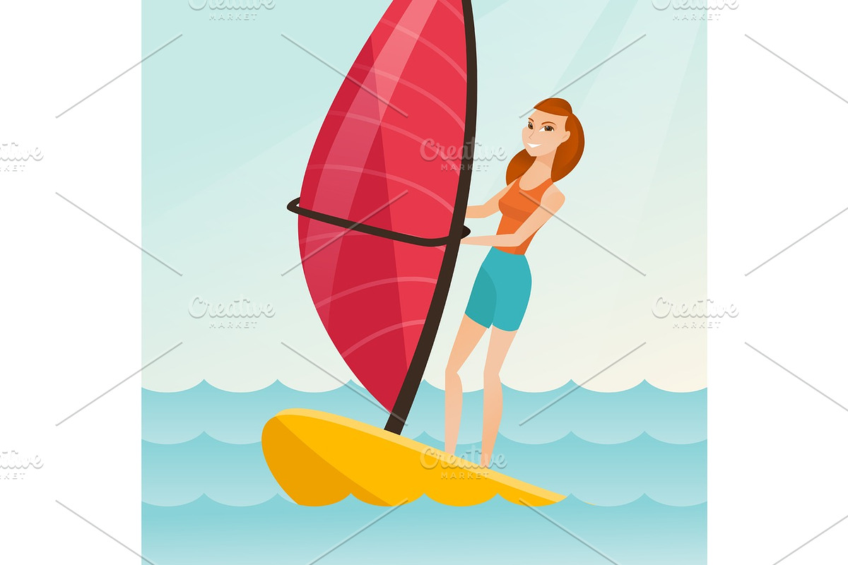 Young caucasian woman windsurfing in the sea. in Illustrations - product preview 8