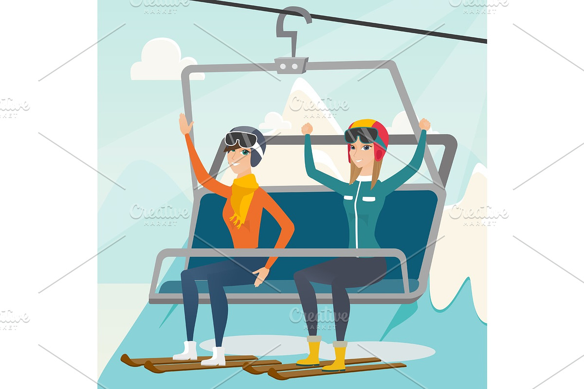 Two caucasian skiers using cableway at ski resort. in Illustrations - product preview 8