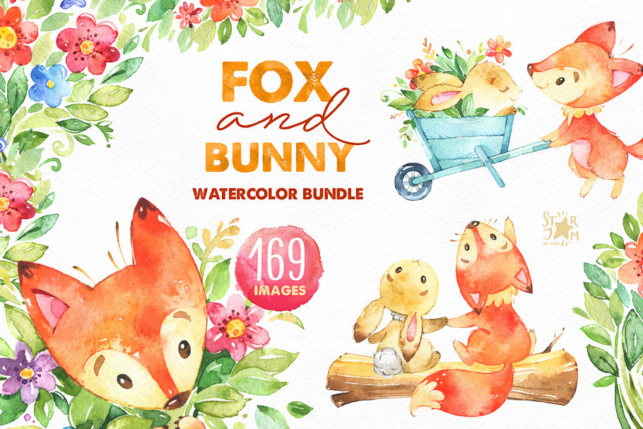 Fox & Bunny. Watercolor bundle.