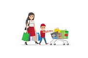 Family out on Shopping Illustration. Mother and Son