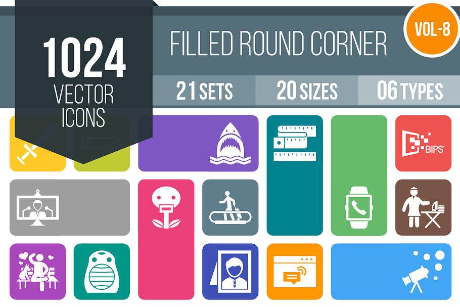 1024 Flat Round Corner Icons (V8) in Graphics - product preview 8