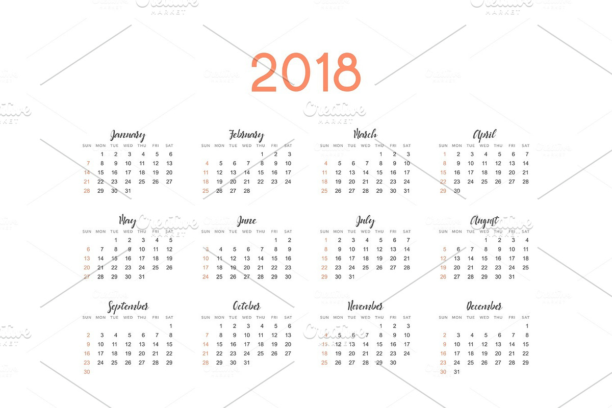 Calendar for 2018 English simple on white background vector illustration in Textures - product preview 8