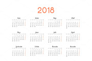 Simple template for printing modern calendar 2018 in Spanish. Week starts from Monday