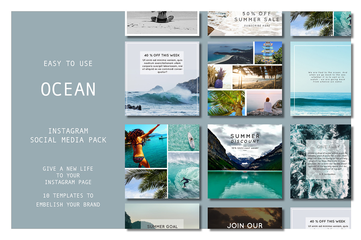 INSTAGRAM TEMPLATE PACK : OCEAN in Instagram Templates - product preview 8