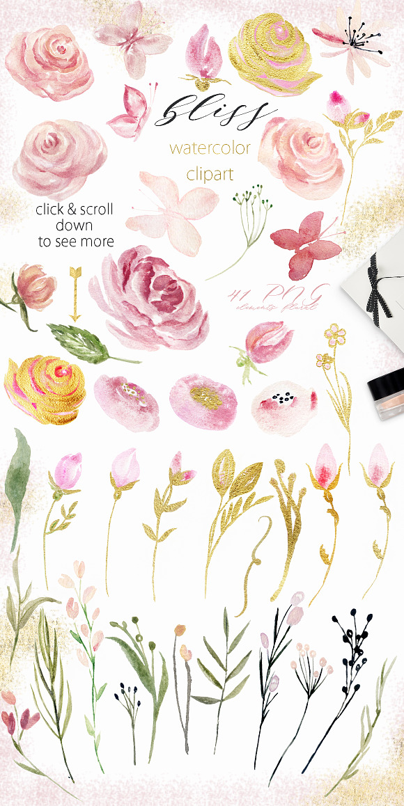  Watercolor clipart. Bliss. Pnik. in Illustrations - product preview 5