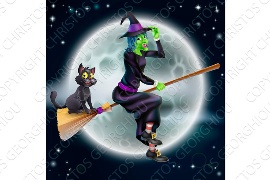 Witch flying on broom and night sky in Illustrations - product preview 8