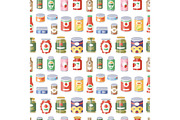 Collection of various tins canned goods food metal container product seamless pattern vector illustration.