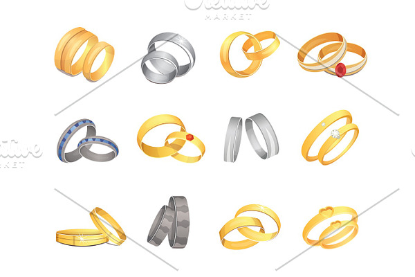 Wedding rings set of gold and silver metal romantic nuptial hoop couple love golden jewelry isolated vector illustration.