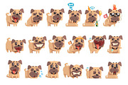 Little Pet Pug Dog Puppy With Collar Set Of Emoji Facial Expressions And Activities Cartoon Illustrations