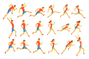 Male Sportsman Running The Track With Obstacles And Hurdles In Red Top Blue Short In Racing Competition Set Of Illustrations.